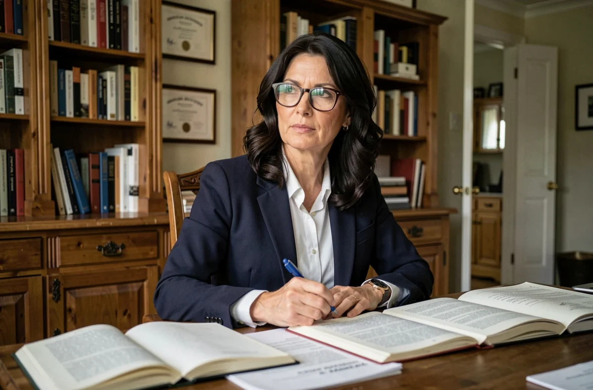 Femme intellectuelle assise à un bureau de travail entouré de livres, illustrant une vie studieuse et retirée du monde médiatique