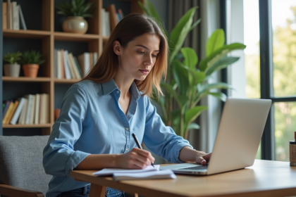 Jeune femme concentrée travaillant à son bureau à domicile