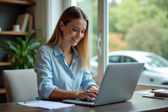 Femme au bureau regardant des devis d'assurance auto