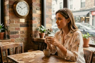 Femme pensive dans un café regardant une horloge affichant 9h09, symbolisant la signification spirituelle dans la vie amoureuse