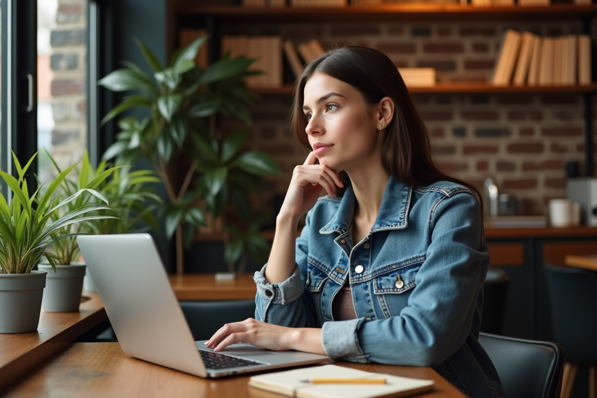 Jeune femme travaillant dans un café urbain