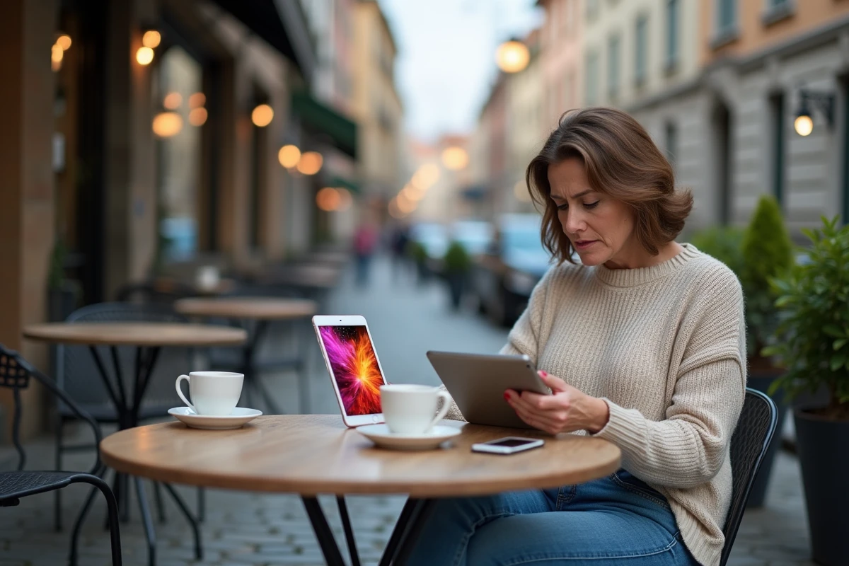 Femme seule résolvant un puzzle sur tablette en terrasse