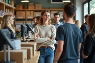 Femme d'âge moyen dans un magasin de colis en ville