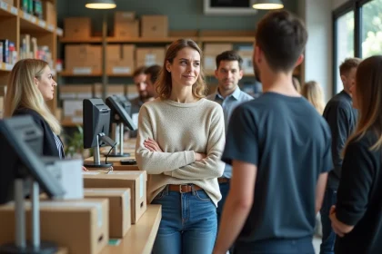 Femme d'âge moyen dans un magasin de colis en ville