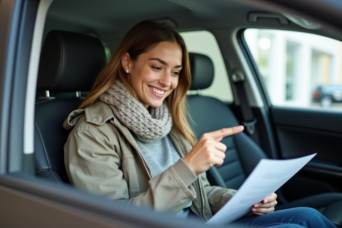 Jeune femme souriante vérifiant des papiers dans une voiture d