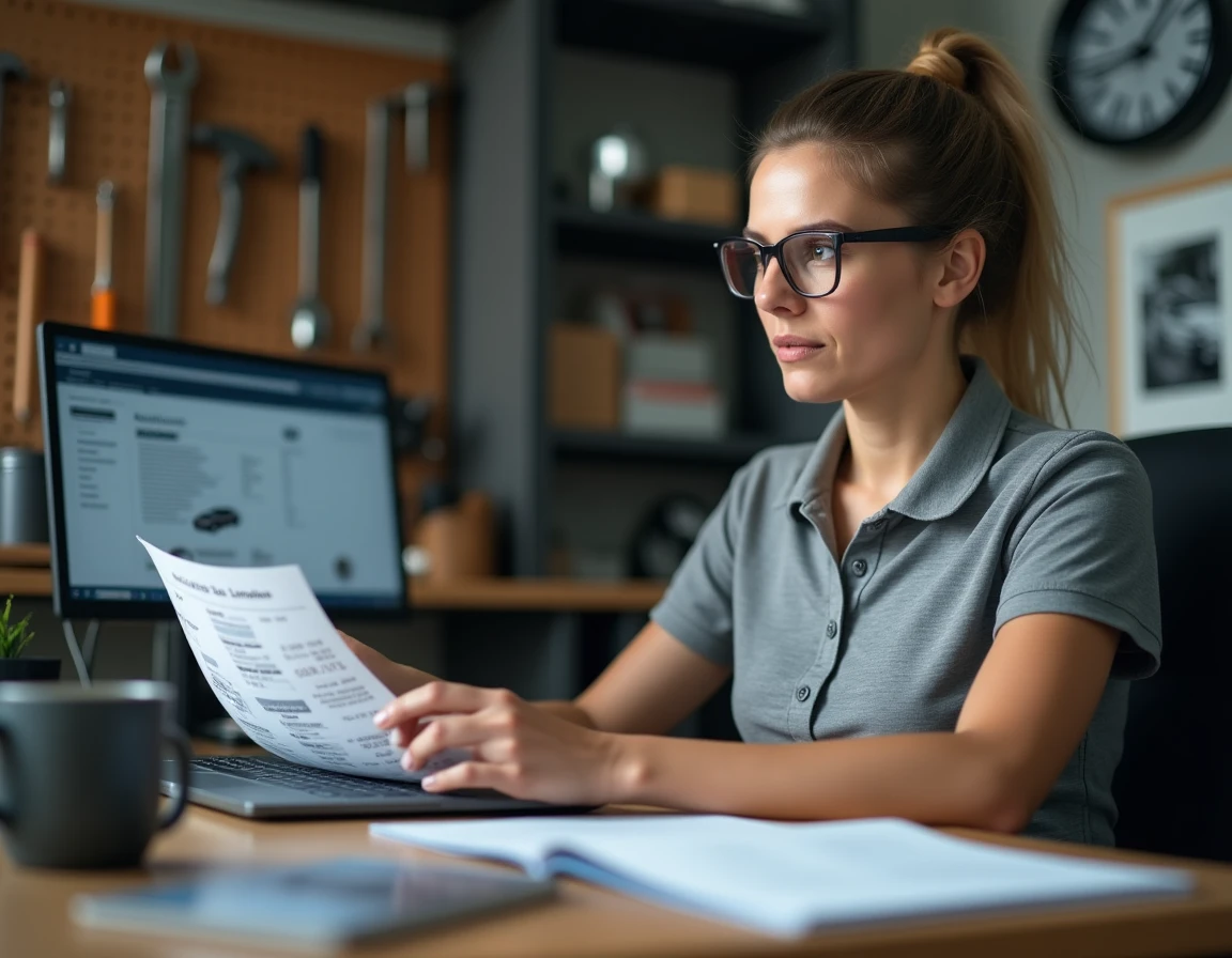 Femme passionnée d'automobile consultant des données de cylindrée en cm3 et litres sur un ordinateur portable