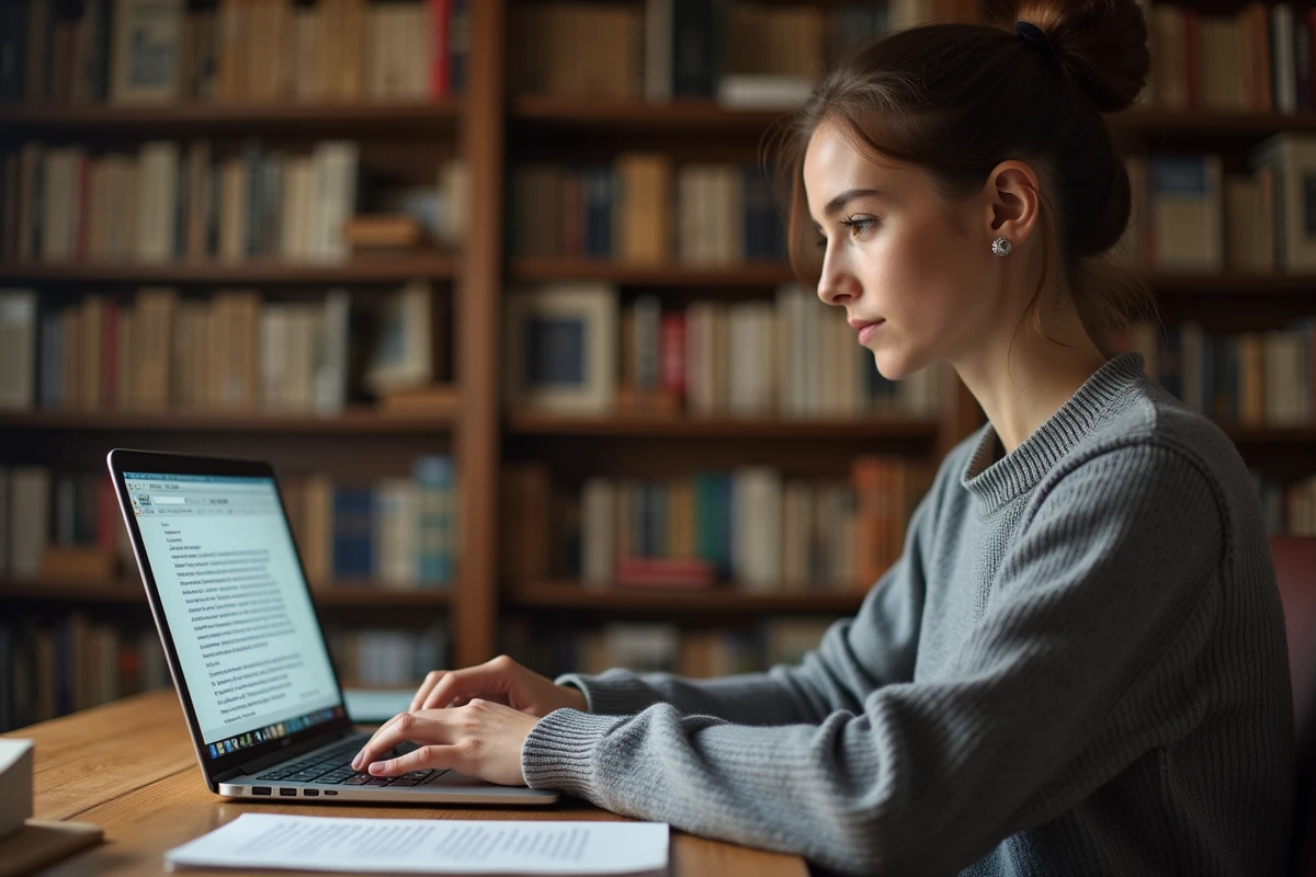 Jeune femme consultant Wikipédia sur son ordinateur portable dans un bureau entouré d'encyclopédies