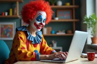 Jeune femme en costume de clown naviguant sur un ordinateur