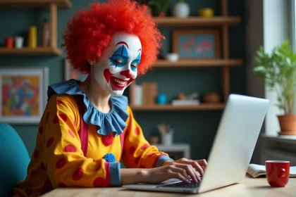 Jeune femme en costume de clown naviguant sur un ordinateur