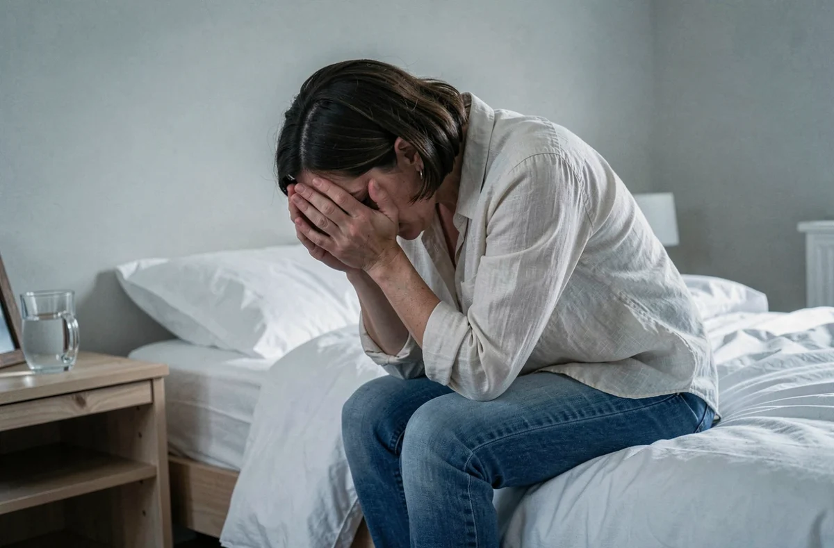 Femme assise au bord d'un lit la tête dans les mains, exprimant la détresse émotionnelle et le regret après une relation avec un amour de jeunesse