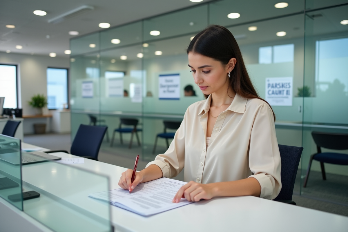 Femme déposant ses documents fiscaux à un guichet officiel
