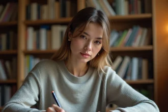 Jeune femme écrivant dans un cahier ouvert sur un bureau en bois, concentrée sur l'orthographe d'un mot