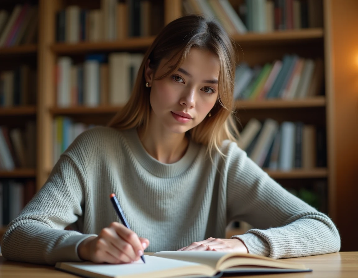 Jeune femme écrivant dans un cahier ouvert sur un bureau en bois, concentrée sur l'orthographe d'un mot