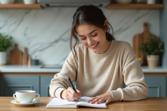 Jeune femme écrivant dans un planner à la cuisine