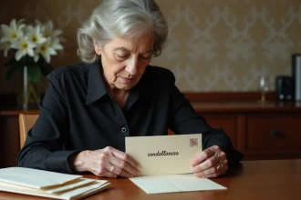 Femme âgée posant un timbre sur une enveloppe de condoléances