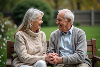 Femme d'âge moyen soutenant un homme âgé dans un jardin