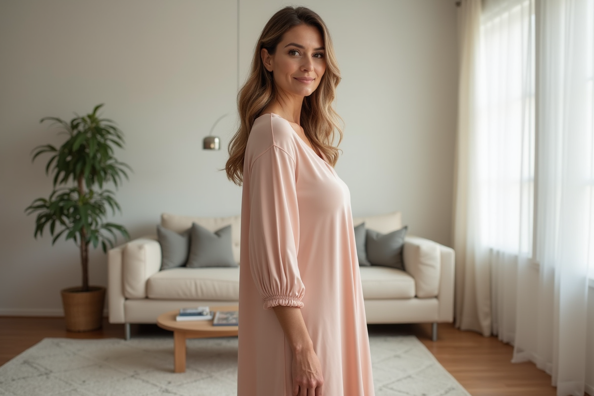 Femme élégante en robe pastel dans un salon lumineux