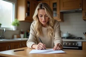 Femme fermant une enveloppe urgente à une table de cuisine en bois, illustrant l'envoi d'une lettre prioritaire
