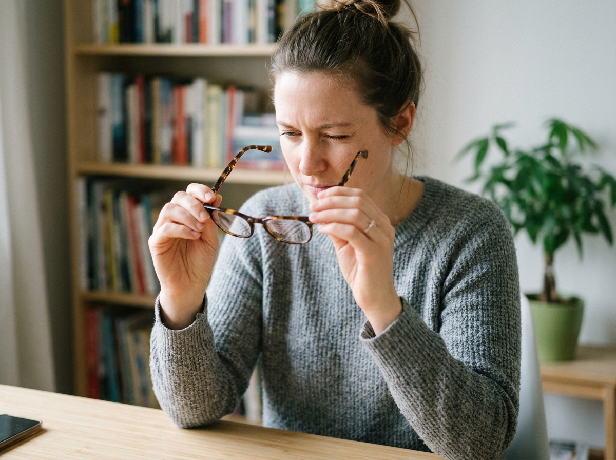 Femme examinant des lunettes achetées en ligne avant le Black Friday, assise à un bureau en bois dans un espace de travail moderne