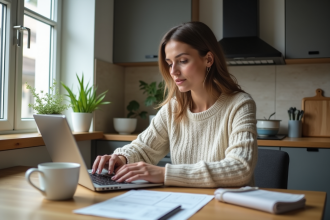 Femme à la cuisine vérifiant ses finances avec ordinateur