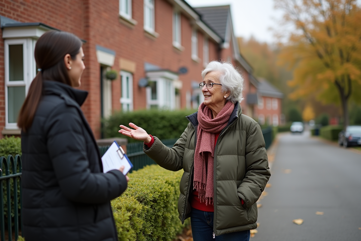 Femme senior indiquant une enseigne à louer devant sa maison