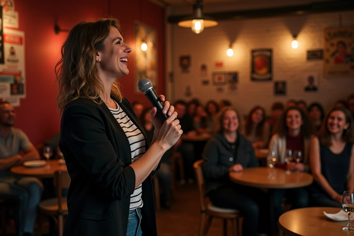 Femme humoriste française en train de performer dans un petit club de comédie intime devant un public attentif