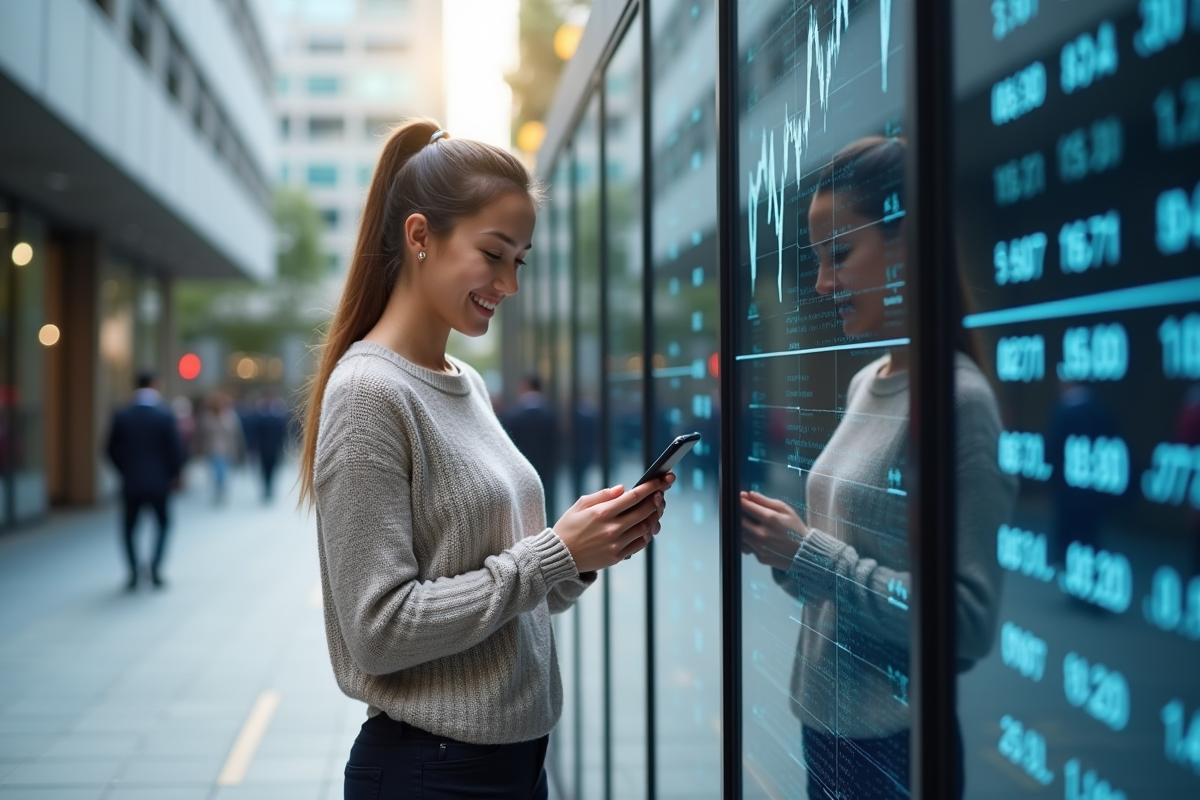 Jeune femme investisseure vérifiant ses marchés urbains