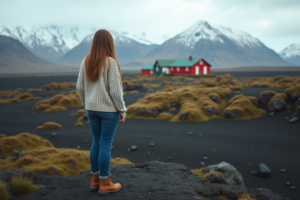 Jeune femme islandaise regardant un champ de lave