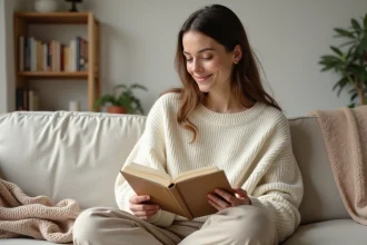 Femme en train d'écrire dans un journal intime sur un canapé, ambiance bien-être mental et positivité au quotidien