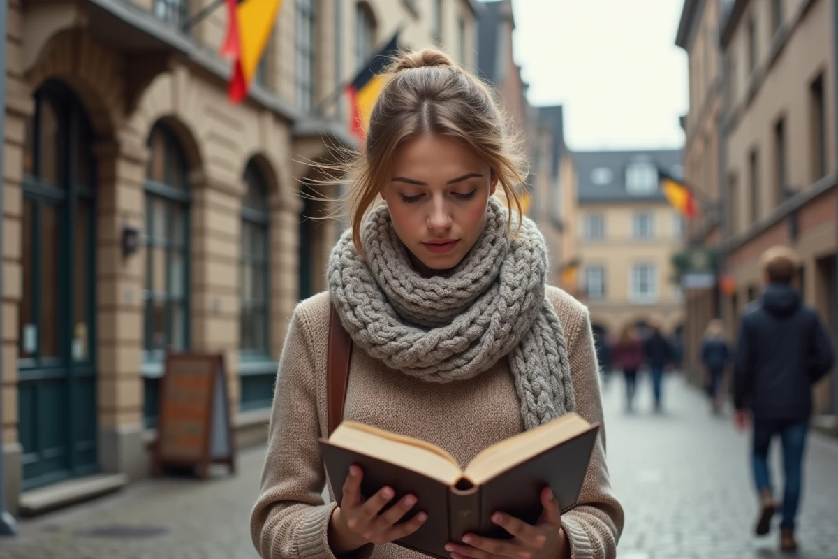 Jeune femme regardant un dictionnaire de crossword en ville