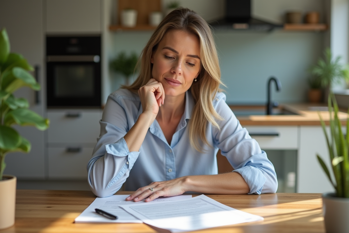 Femme d'âge moyen examinant des documents de prêt immobilier