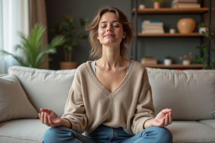 Femme méditant dans un salon cosy et moderne