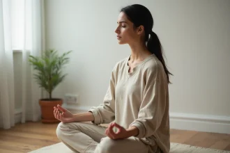 Femme en méditation récitant un mantra en silence dans une pièce minimaliste épurée