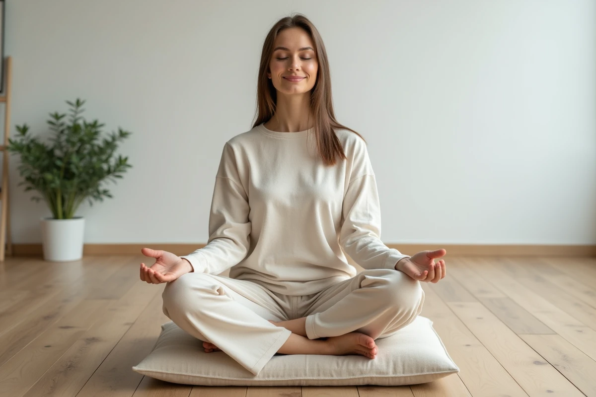 Femme en méditation les yeux fermés assise en tailleur sur un coussin de méditation, expérience mystique et spirituelle intérieure