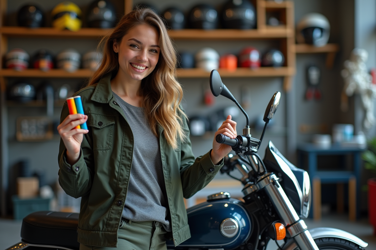 Femme montrant des poignées colorées de guidon de moto 50cc