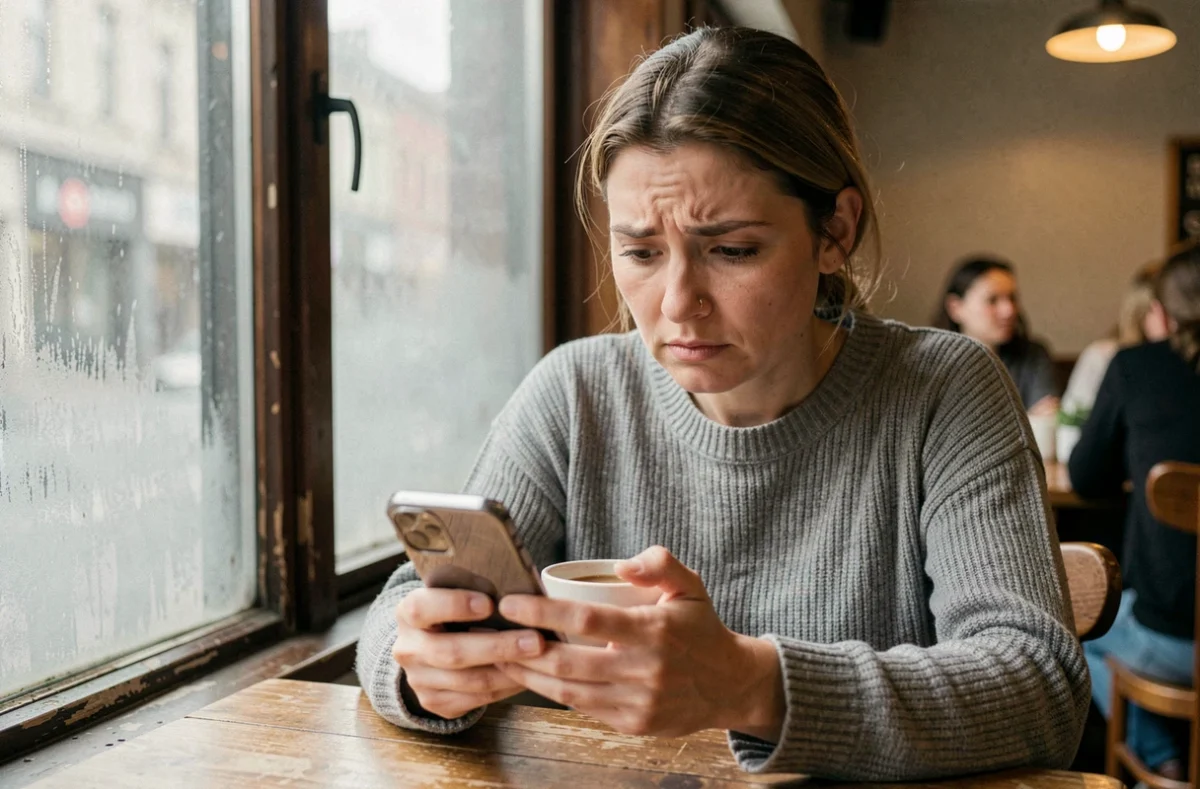 Femme seule dans un café regardant son téléphone avec une expression nostalgique, illustrant les dangers de retrouver un amour de jeunesse
