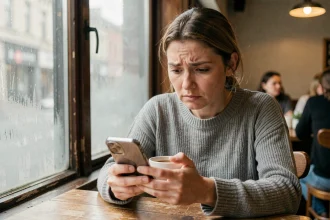 Femme seule dans un café regardant son téléphone avec une expression nostalgique, illustrant les dangers de retrouver un amour de jeunesse