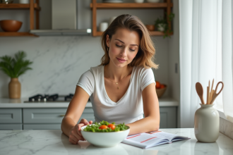 Femme lisant un guide nutrition dans une cuisine lumineuse