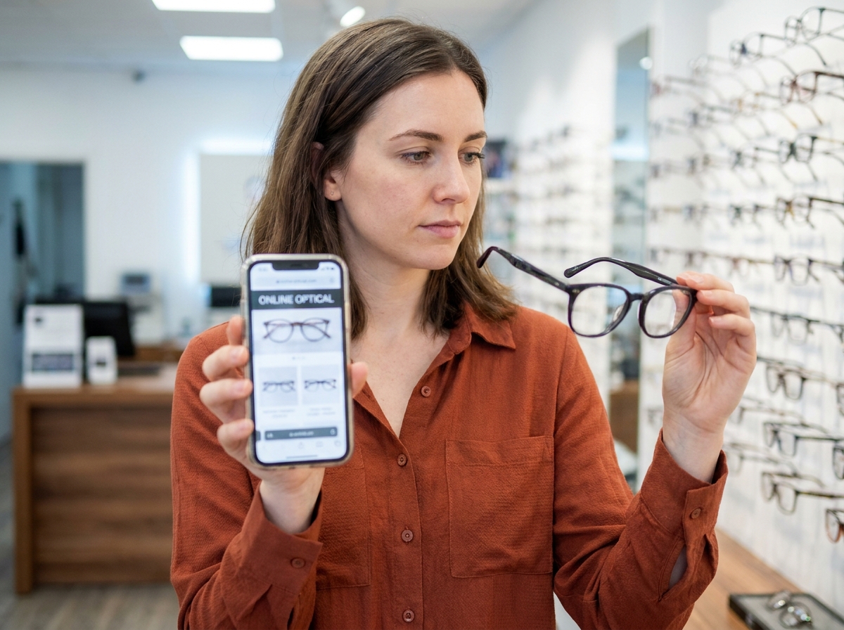 Jeune femme en opticien comparant une monture physique avec une offre de lunettes trouvée en ligne sur son smartphone avant le Black Friday