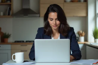 Femme en blazer compare des options d'assurance à la maison