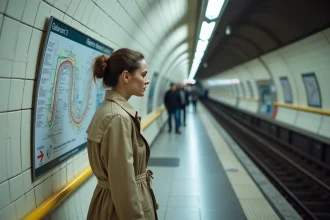 Femme consultant le plan du métro parisien ligne 13 sur le quai d'une station