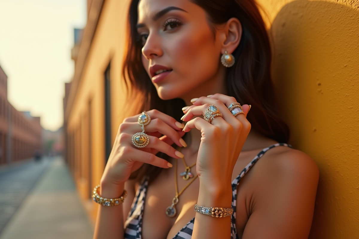 Femme portant des bijoux artisanaux en extérieur ensoleille