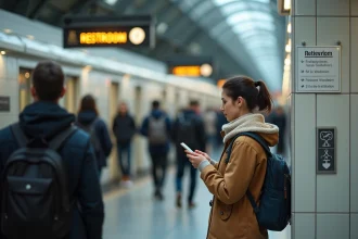 Jeune femme dans une gare vérifiant son téléphone près des toilettes publiques