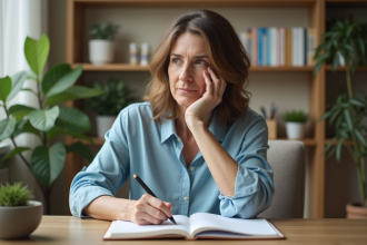 Femme méditant dans un bureau calme et lumineux