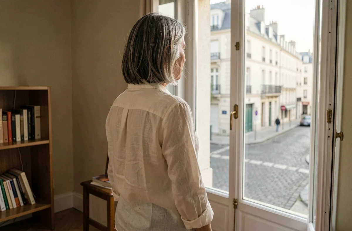 Femme d'une soixantaine d'années observant une rue parisienne depuis un appartement discret, symbole de vie retirée loin des médias