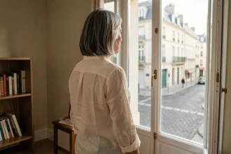 Femme d'une soixantaine d'années observant une rue parisienne depuis un appartement discret, symbole de vie retirée loin des médias
