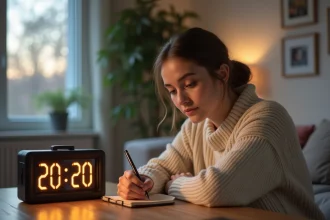Jeune femme pensant dans son salon cosy en soirée