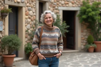 Femme souriante en pull laine dans le village de Monlezun