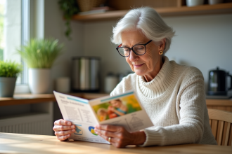 Femme senior lisant des brochures santé dans sa cuisine lumineuse