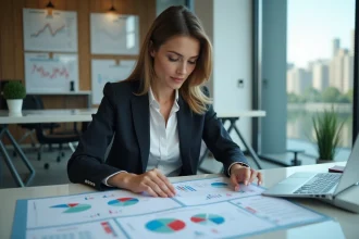 Femme en blazer organisant des documents stratégiques au bureau